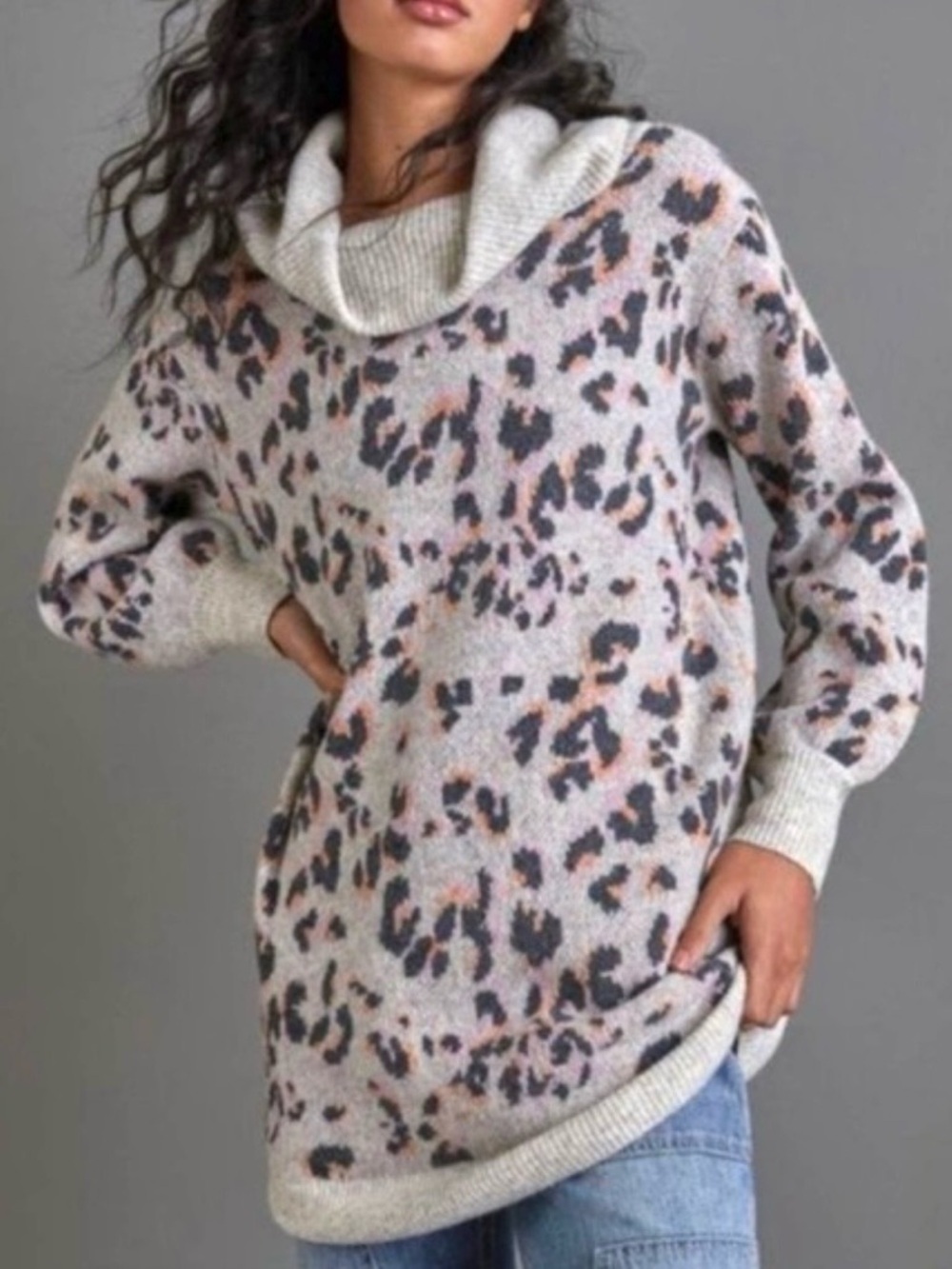 ANTHROPOLOGIE Emmy Gray Leopard Print Wool Blend Cowl Neck Sweater